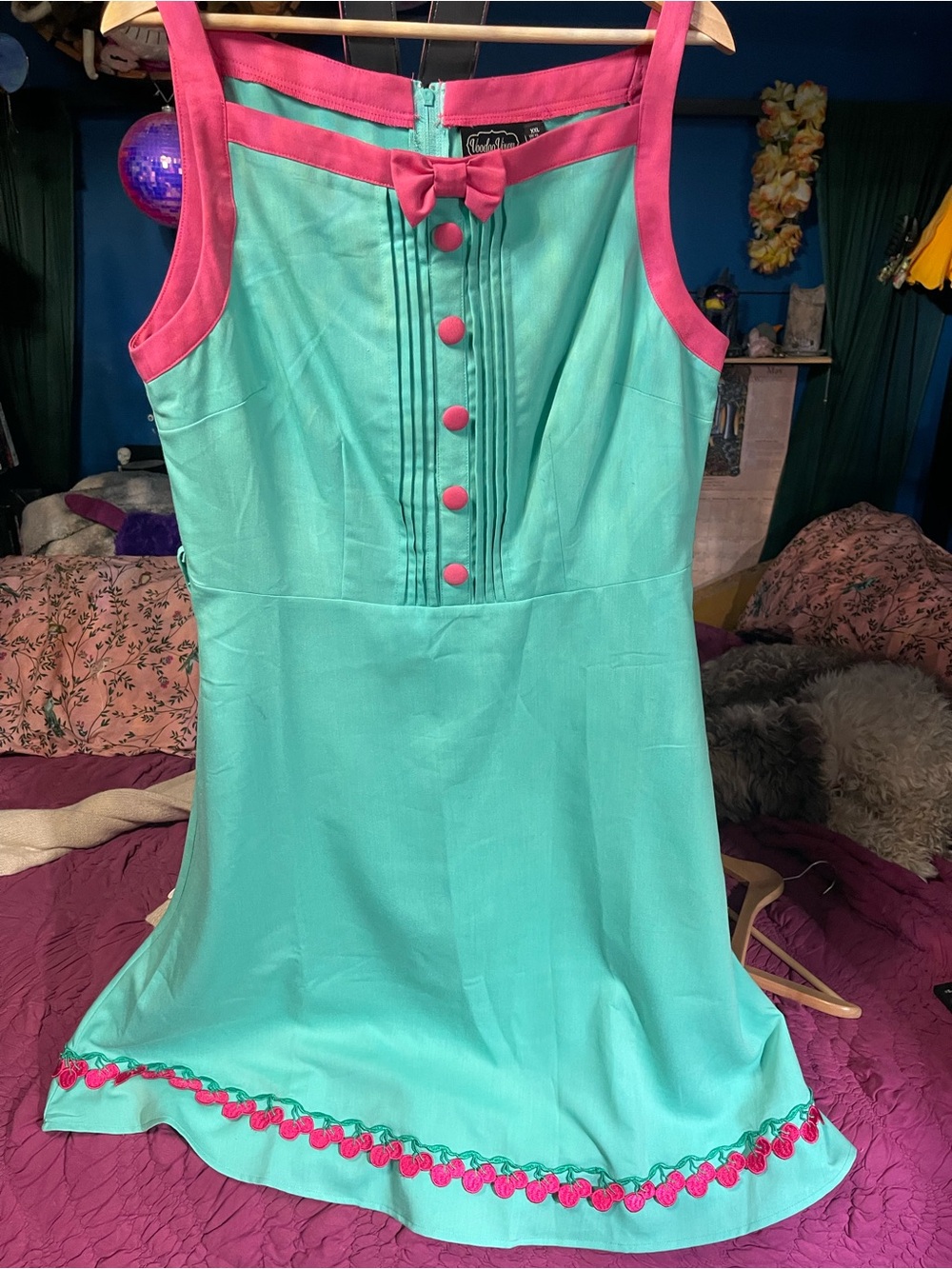 Voodoo Vixen Mint Dress with Hot Pink Trim and Buttons